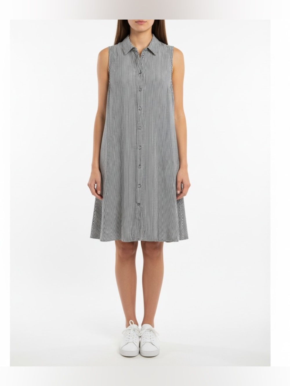 MSK Black and White Striped Sleeveless Button Midi Shirt Dress